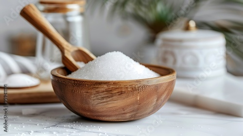 Front view of a wooden bowl full of white sugar with a serving scoop