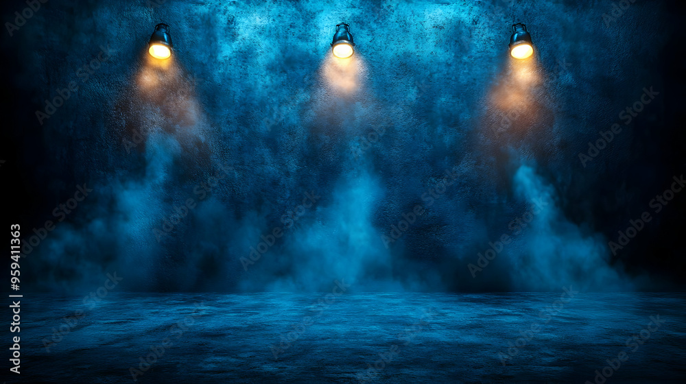 Dark Blue Wall with Spotlights and Fog