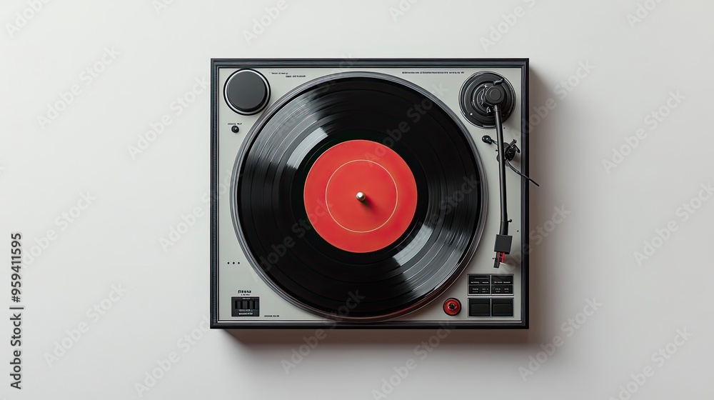 Fototapeta premium Vintage Turntable with Black Vinyl Record and Red Label