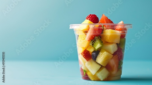 Fruit salad in plastic cup on blue background
