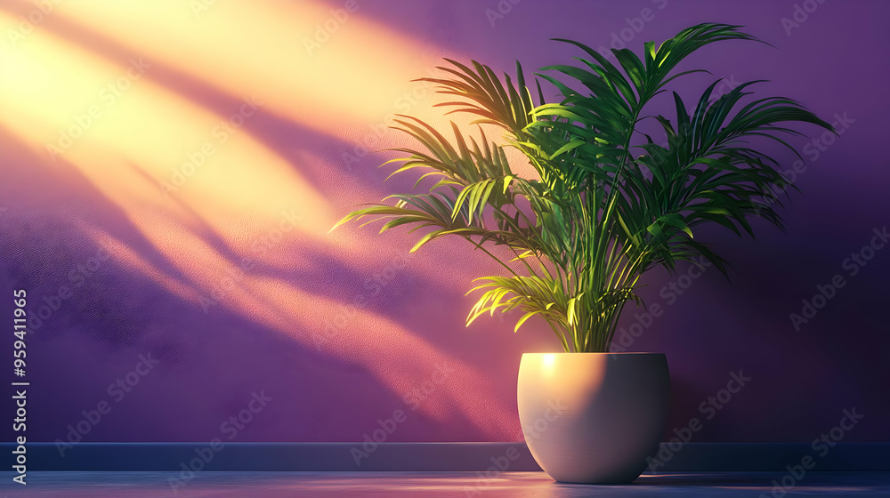 Palm Plant in a Pot Against Purple Wall with Sunlight