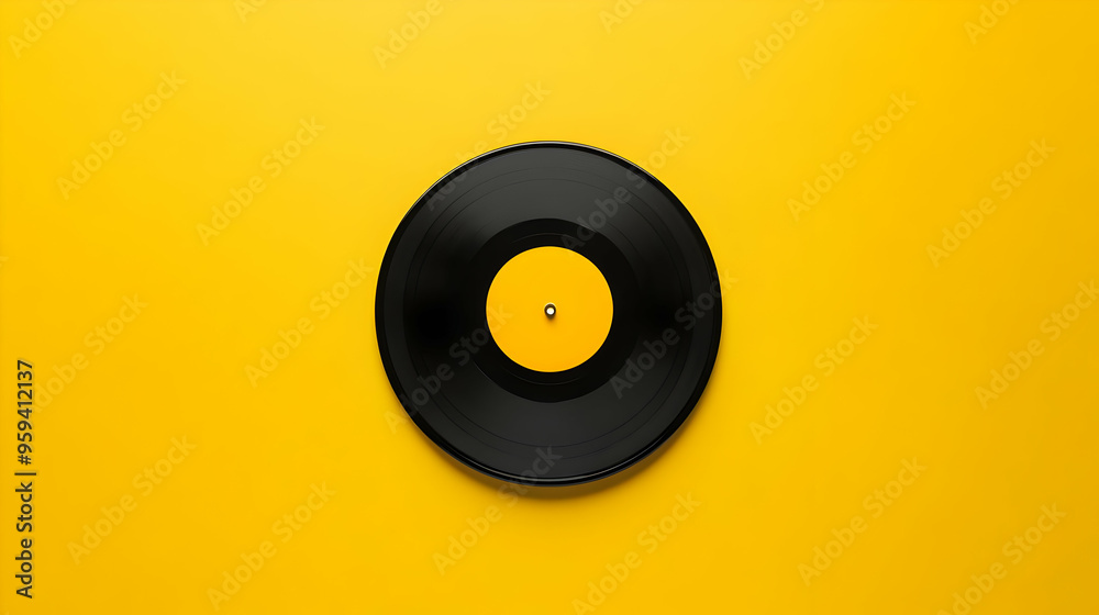 Black Vinyl Record on Yellow Background Black Vinyl Record on Yellow Background