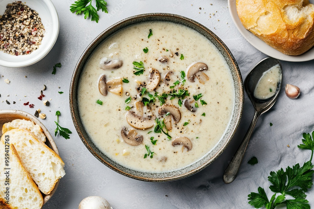 Homemade cream of mushroom soup in a bowl on a gray background, top view. Flat lay, overhead, from above Homemade cream of mushroom soup in a bowl on a gray background, top view. Flat lay, overhead, from above