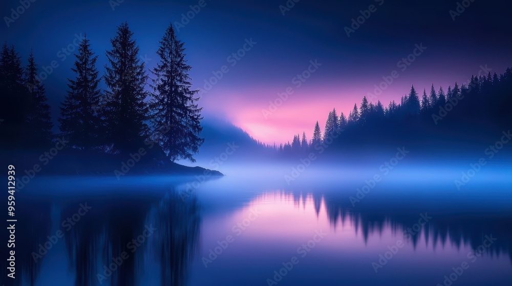 Fototapeta premium Tranquil Misty Lake at Dawn with Pine Trees and Reflective Water Under a Vibrant Purple and Blue Sky