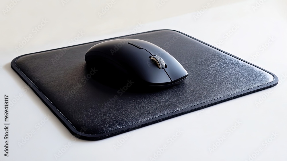 Black Wireless Mouse on Leather Mousepad Black Wireless Mouse on Leather Mousepad