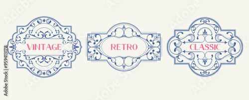 Set of decorative ornament design elements vintage typography vector illustration. Labels and badges, retro logo symbols, elegant calligraphy, vitage drink labels