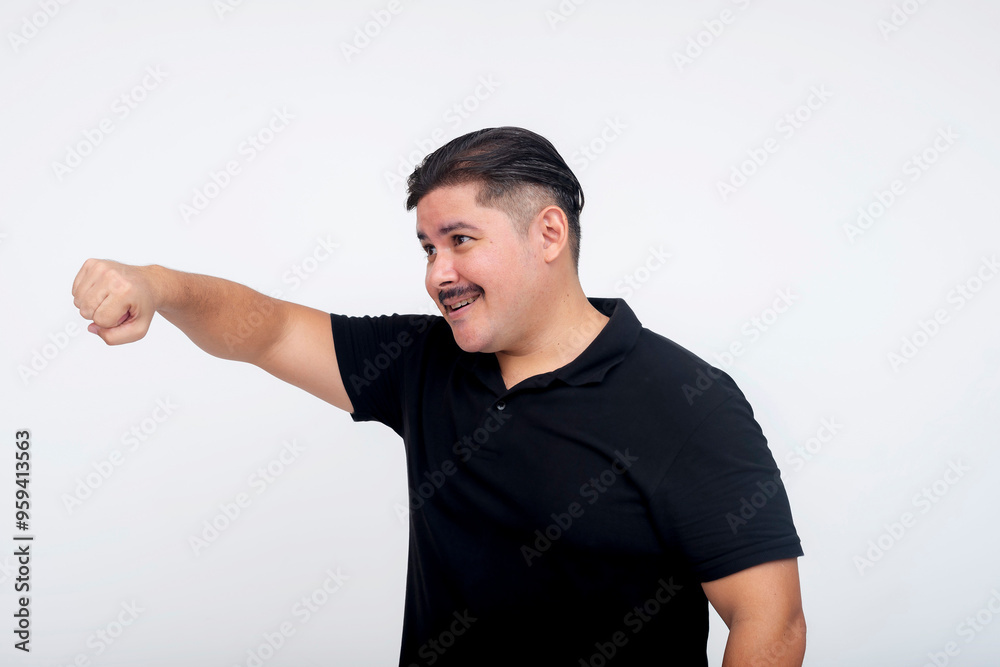 Side view of a middle aged man with a mustache smiling while offering a fist bump to someone. Acknowledging a friend's efforts and accomplishments. Set against a white background. Side view of a middle aged man with a mustache smiling while offering a fist bump to someone. Acknowledging a friend's efforts and accomplishments. Set against a white background.