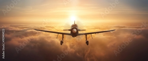 A small plane is flying through a cloudy sky with a sun in the background