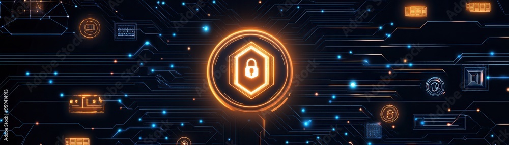 Abstract cybersecurity digital concept with a secure lock symbol in a ...