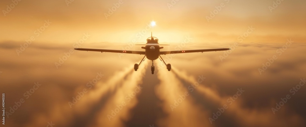 A small plane is flying through a hazy sky with a sun in the background A small plane is flying through a hazy sky with a sun in the background