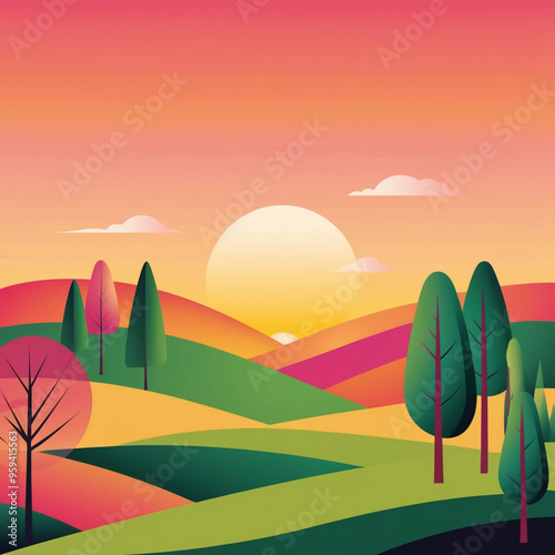 landscape with rainbow and sun