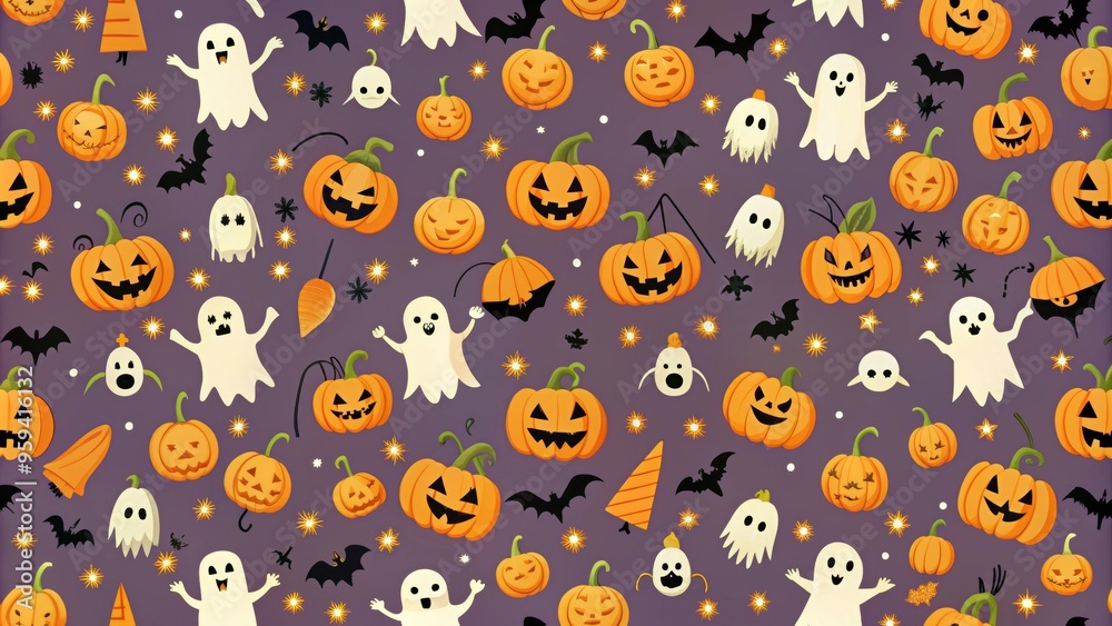 Fototapeta premium Halloween pattern featuring jack-o-lanterns, bats, ghosts, and spiders, halloween, pattern, pumpkins, bats, ghosts