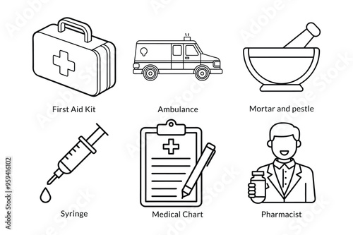 Healthcare and Medical Icon Pack: Ambulance, Doctor, Nurse, Hospital, Surgeon, Syringe, First Aid Kit & More