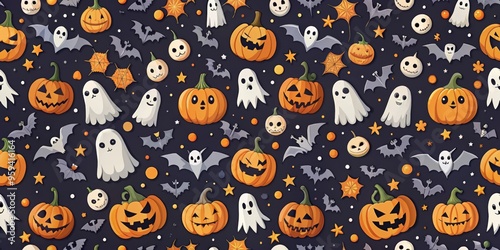 Wallpaper Mural Dark and spooky Halloween pattern featuring jack-o-lanterns, bats, ghosts, and witches, Halloween, pattern, spooky Torontodigital.ca