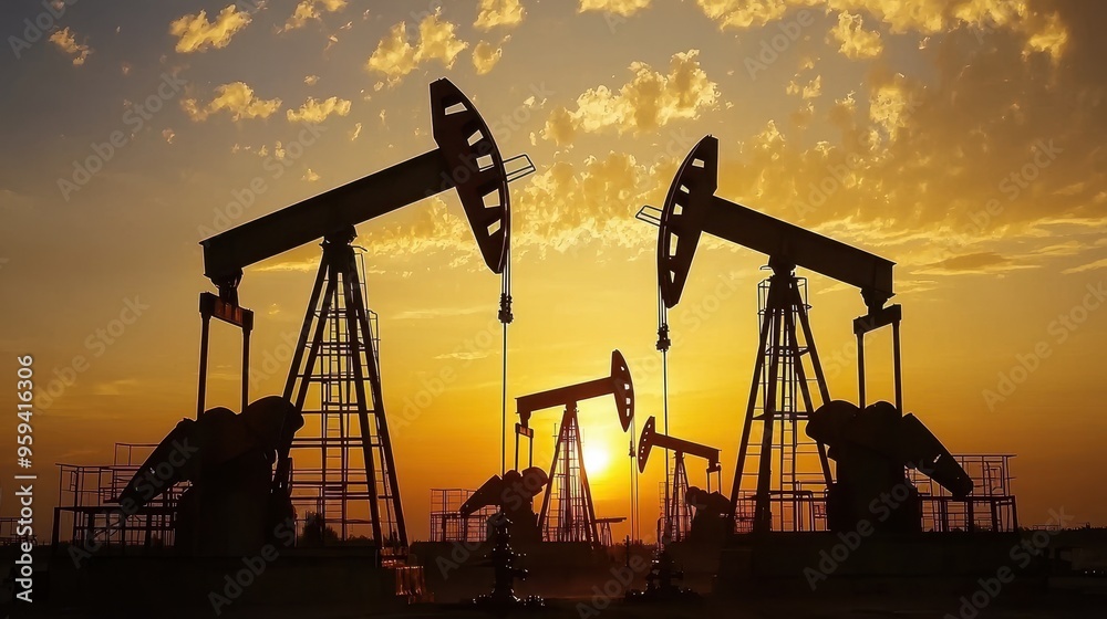 Oil Pump Jacks Silhouette at Sunset Oil Pump Jacks Silhouette at Sunset