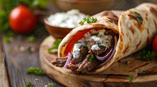 Greek gyros wraped in a pita bread on a wooden background