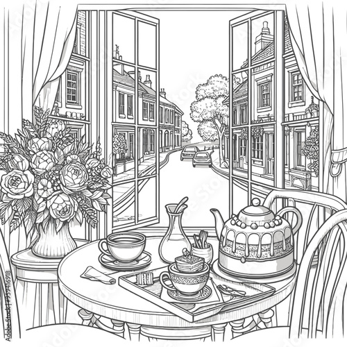 A small cafe table with a cup of tea, a slice of cake coloring page vector