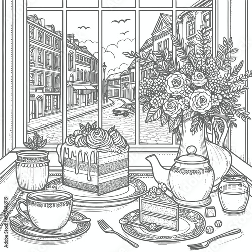 A small cafe table with a cup of tea, a slice of cake coloring page vector