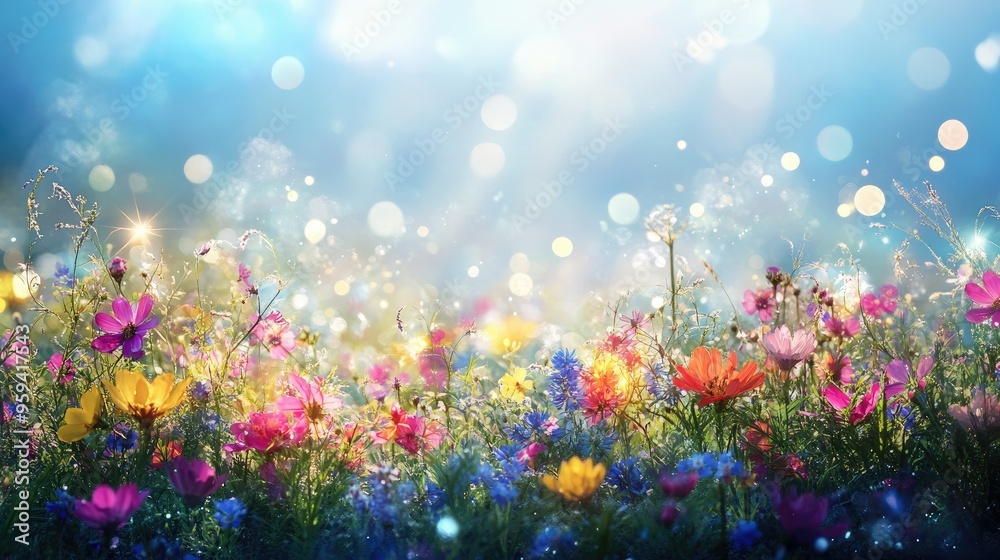 Naklejka premium Colorful flower meadow with sunbeams and blue sky and bokeh lights in summer 