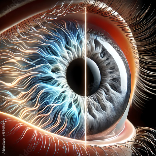 A dynamic image illustrating the response of the iris to varying light levels, showing the pupil constricting in bright light and dilating in low light. photo