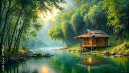 Tranquil bamboo hut nestled in a lush bamboo forest beside a serene riverside, depicted in artful painting style with textured brush strokes