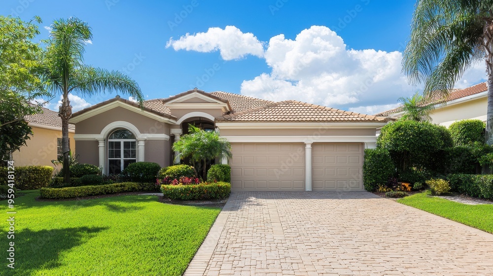 Suburban House with Palm Trees and Brick Driveway Suburban House with Palm Trees and Brick Driveway