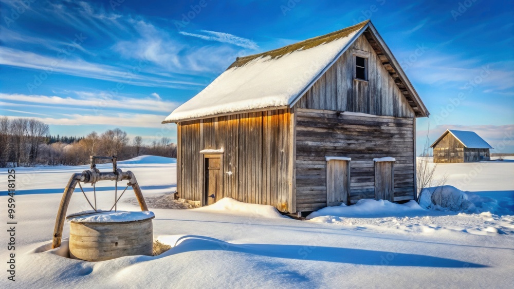 Old barn with water well in Canadian countryside in Quebec during winter, barn, water well, Canadian, countryside, Quebec