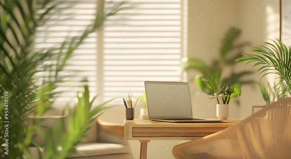 Fototapeta premium Soft focus on a home office setup with stylish furnishings and indoor plants. Resplendent