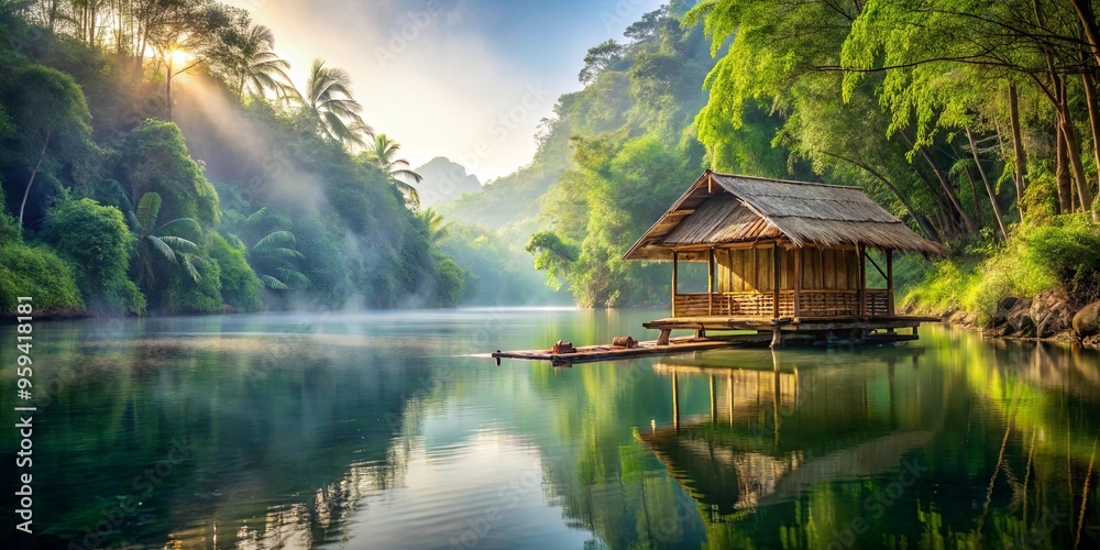 Fototapeta premium A serene bamboo hut floating on a tranquil river