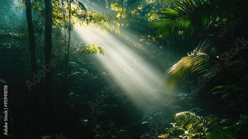 Dark rainforest, sun rays through the trees, rich jungle greenery 