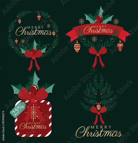 Modern minimalist style Christmas greeting card. Snow Christmas background and Christmas elements