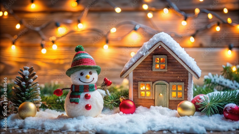 Obraz premium Festive Christmas house decoration with little snowman and backgr, Christmas, festive, decoration, snowman, house, holiday, winter