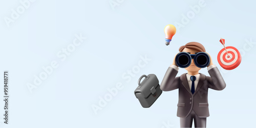 A man, a businessman looks through binoculars, 3D. A target, a light bulb, a briefcase. Banner for investment, business, and finance concepts. A successful vision of business management. Vector illust