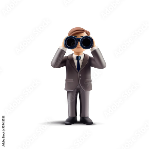3D character of a businessman in a suit looking through binoculars. icon Stylish modern image of a businessman for business concepts, development, and project perspective. Vector illustration.