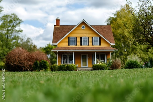 Wallpaper Mural Yellow House with Brown Roof and Green Grass in Front Torontodigital.ca