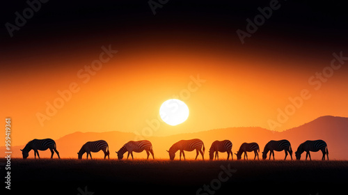 A group of zebras grazing in the African savanna at sunset, silhouetted against a glowing orange sky with the sun low on the horizon.