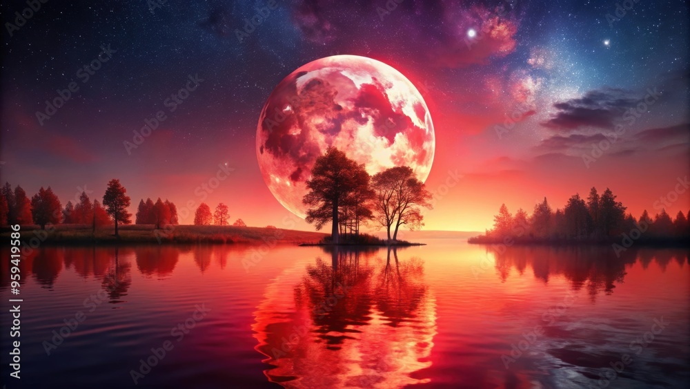 Red moonlight shining on a serene landscape at night, moon, red, color, light, night, sky, landscape, tranquil, glowing Red moonlight shining on a serene landscape at night, moon, red, color, light, night, sky, landscape, tranquil, glowing