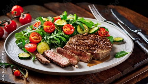 A perfectly cooked beef steak, juicy and seared with grill marks, served on a plate