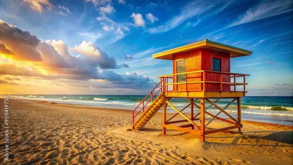 Vibrant summer of a lifeguard tower on a sandy beach Vibrant summer of a lifeguard tower on a sandy beach