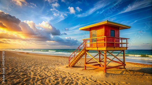 Vibrant summer of a lifeguard tower on a sandy beach