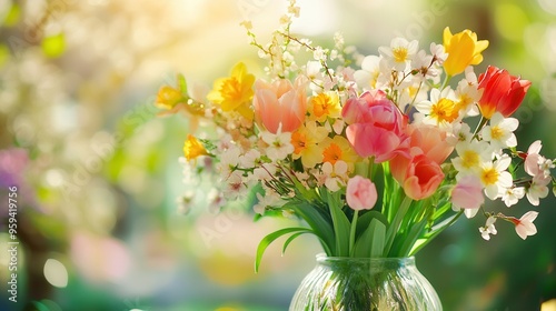 Wallpaper Mural This colorful arrangement features tulips, daffodils, and cherry blossoms beautifully displayed in a glass vase, perfect for springtime decor. Generative AI Torontodigital.ca