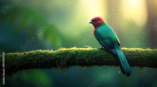 A vibrant bird with red head and green feathers perched on a moss-covered branch in a misty forest at dawn.