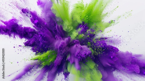 A vibrant explosion of purple and green powder paint bursts against a white background, creating abstract patterns and dynamic shapes
