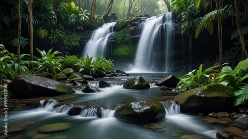 Calm waterfall flowing gently over rocks in a tropical rainforest, enveloped by vibrant foliage