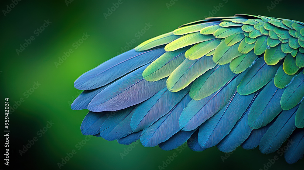 Fototapeta premium Close-up of vibrant blue and green feathers on an exotic bird wing, showing intricate patterns and texture.