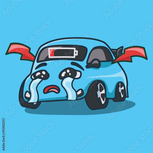 Sad Low-Energy Blue EV Car Cute Cartoon for Tech Themes