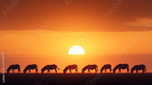 Zebras graze in the African savanna at sunset, silhouetted against the vibrant orange sky