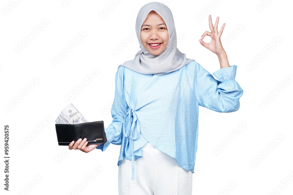 Smiling hijab asian woman with money and wallet isolated transparent Smiling hijab asian woman with money and wallet isolated transparent