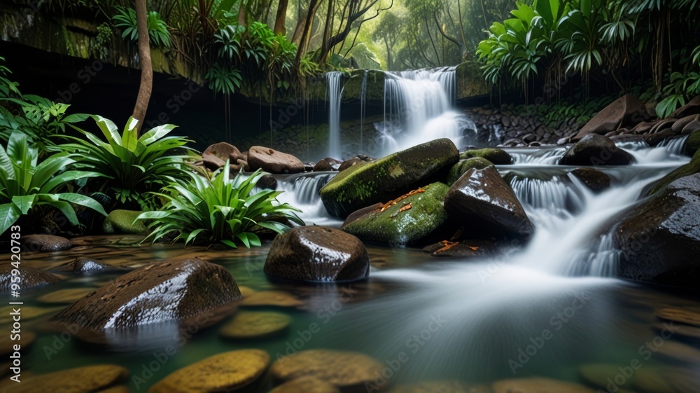 Calm waterfall flowing gently over rocks in a tropical rainforest, enveloped by vibrant foliage Calm waterfall flowing gently over rocks in a tropical rainforest, enveloped by vibrant foliage