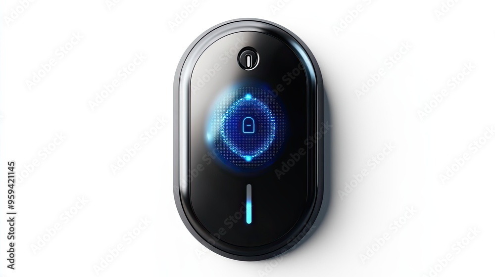 Black Oval Smart Doorbell with Blue Digital Lock Icon Black Oval Smart Doorbell with Blue Digital Lock Icon